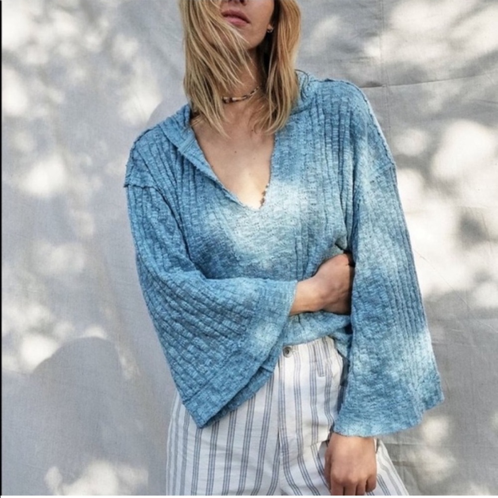 Free People Sweater Baja Babe Hooded Hacci Bell Sleeve Cerulean Blue
